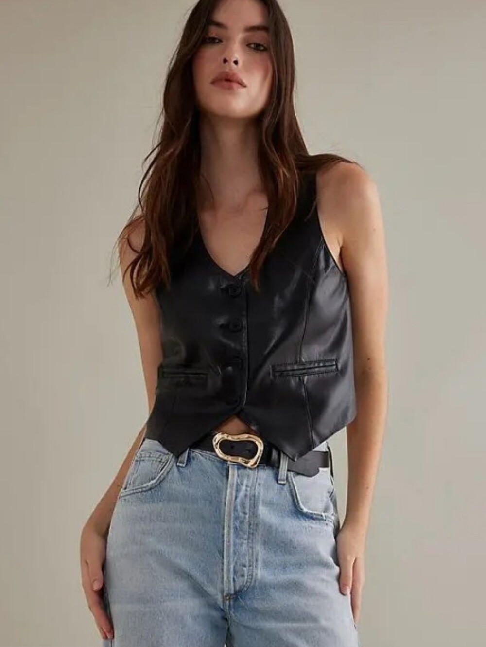 Anthropologie Black Leather Structural Buckle Belt Size XL